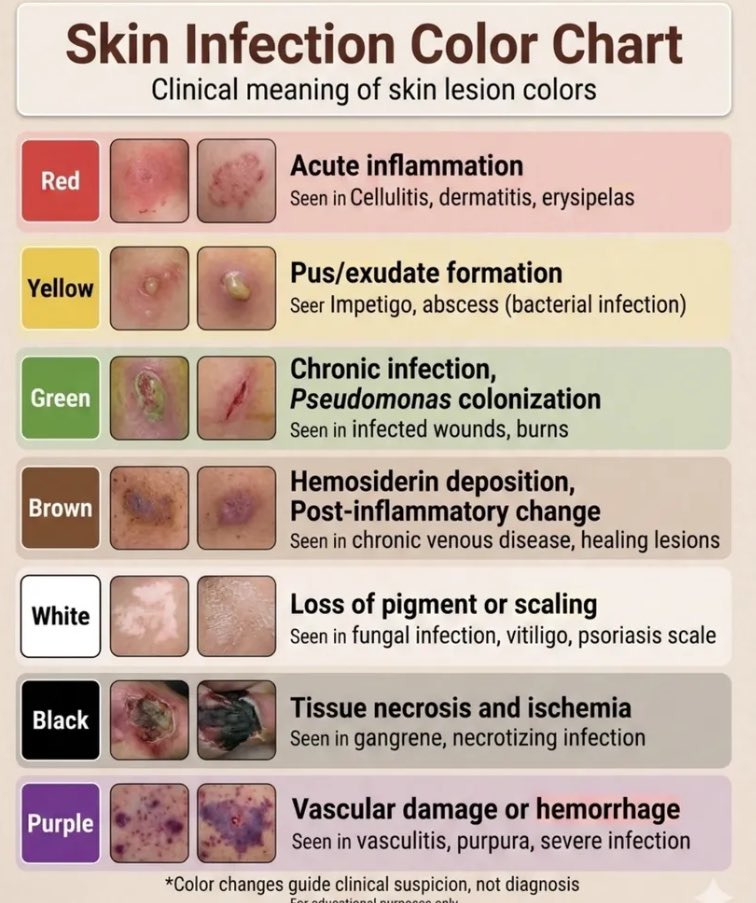 NurseHann100's tweet image. SKIN INFECTION COLOR CHART

#Nursing
#NursingNotes
#Nclex
#PNLE
#MedTwt
#NursingTwt
#MedX