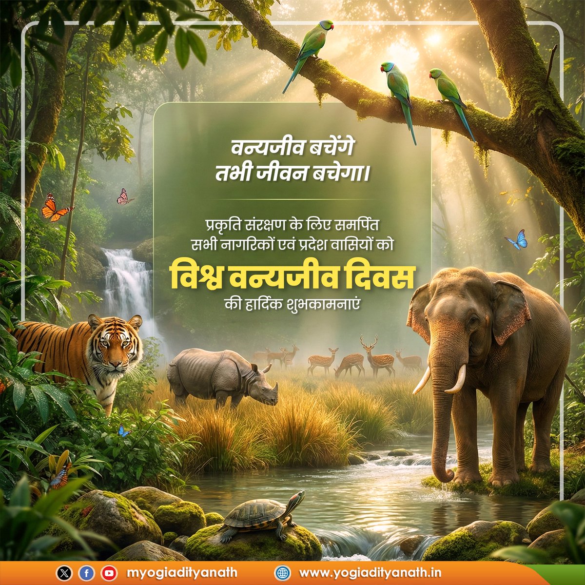 myogiadityanath's tweet photo. वन्यजीव बचेंगे, तभी जीवन बचेगा।

प्रकृति संरक्षण के लिए समर्पित सभी नागरिकों एवं प्रदेश वासियों को विश्व वन्यजीव दिवस की हार्दिक शुभकामनाएं।

वन्यजीव जैव-विविधता और पारिस्थितिक संतुलन के अमूल्य अंग हैं। इनका संरक्षण केवल प्रकृति की रक्षा नहीं, बल्कि आने वाली पीढ़ियों के सुरक्षित भविष्य के प्रति हमारी जिम्मेदारी भी है।