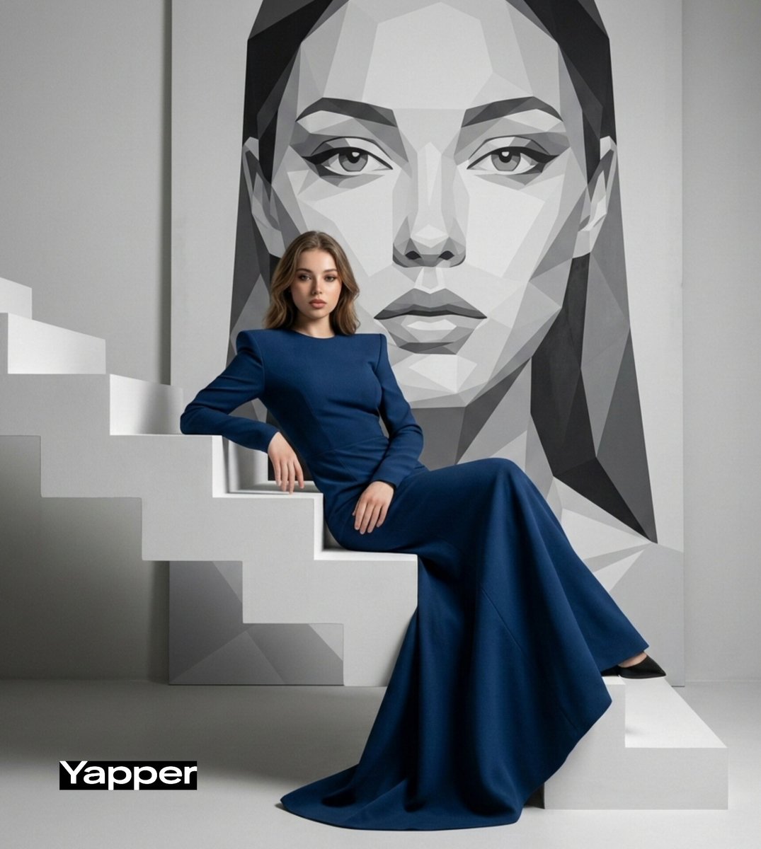 AIwithSynthia's tweet image. Image created on Yapper using Nano Banana 

Prompt 👇 

Cinematic image of a luxury fashion editorial portrait of a woman seated gracefully on minimalist white architectural stairs inside a modern studio. She wears a structured deep blue tailored gown with sharp shoulders and a