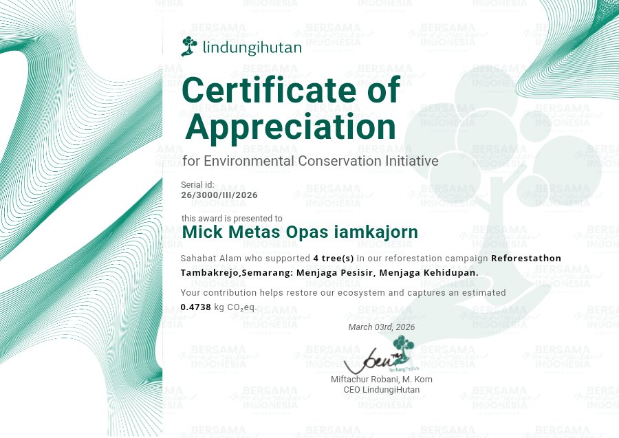 LukeMickINA's tweet photo. ⋆。˚୨ Charity: LindungiHutan ୧˚。⋆
This certificate represents our charity donation to LindungiHutan in Mick's name 🌿
Hoping this helps restore nature and make Indonesia greener again 💚
METAS DAY STAY TOGETHER
#MetasSphere2026 #CelebrateMick20BD
#mickmetas #LukeMick https://t.co/R7yYfQ7SHE