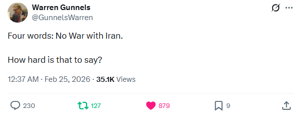 These are not difficult questions:

Do you support the war in Iran? No.

Should we continue giving aid to Israel? Not another penny.

And, just in case you were wondering. Yes. We should impose a wealth tax on billionaires to substantially improve the lives of the working class.