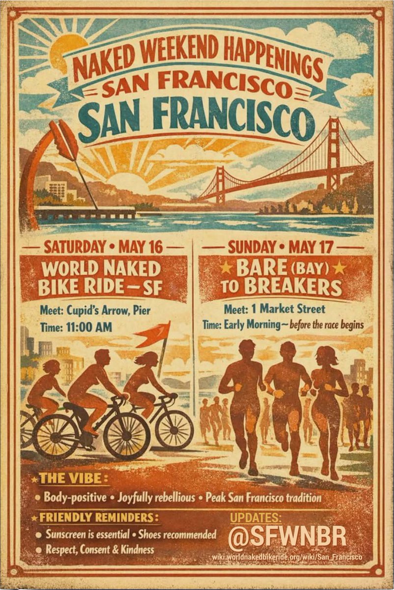 sfwnbr's tweet photo. San Francisco🇺🇸USA’s #Bare2Breakers Weekenders’ May 2026 Happenings!
#GiddyUp & Enjoy #ThePureSuitOfHappiness & Exercising Y/Our INALIENABLE #ClothesFreeLiberty for Great Causes & just for Fun!
See : https://t.co/0tGtE7IBGl & https://t.co/Vmrh7Mgdk8 & https://t.co/98XO0u3FHD. https://t.co/cnXoPaQD1A