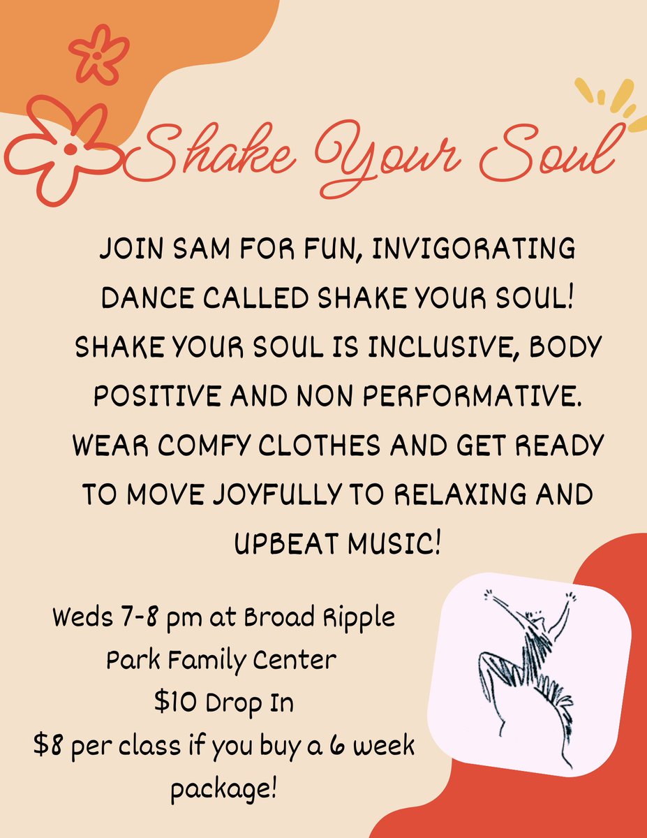 Shake Your Soul is back Wednesday, March 4 💃

Move freely. Just joyful movement to uplifting music.

🗓 Wednesdays 7–8 PM
📍 Broad Ripple Park Family Center
💲 $10 drop in each week or $48  6-week package

Come shake off midweek. ✨
#ShakeYourSoul #IndyParks #BroadRipple #Indy