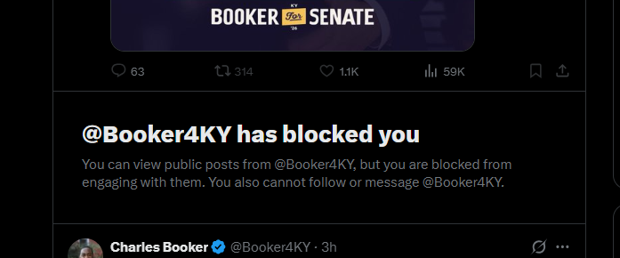 Demofraud Party candidate <a href="/Booker4KY/">Charles Booker</a>, who doesn't stand a chance in Kentucky, has blocked me because he's a big pussy who can't stand criticism of his nonsense. 🤣🤣🤣

Poor Chuckles.