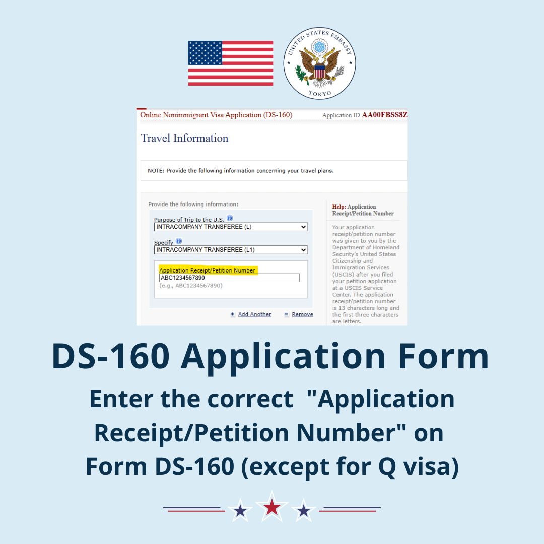 USVisaTokyo's tweet image. #WorkVisa Reminder: When filling out Form DS-160, enter the receipt number printed on your approved I-129 petition or I-797 Petition Approval Notice. The receipt number entered on your DS-160 will appear on your visa.