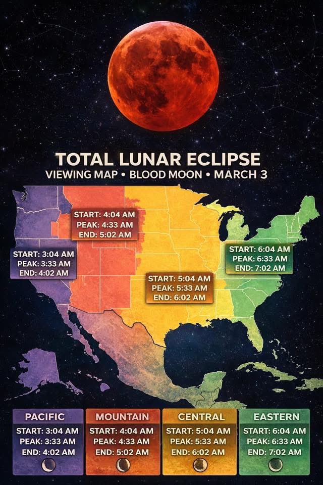 forallcurious's tweet image. 🚨: Set your alarms early TODAY morning, March 3! ⏰🌕

A total lunar eclipse aka a “Blood Moon” is happening early Tuesday morning, March 3 and it’s a good one.

For most of us across the U.S., the lunar show starts before sunrise with peak totality around the middle of the hour
