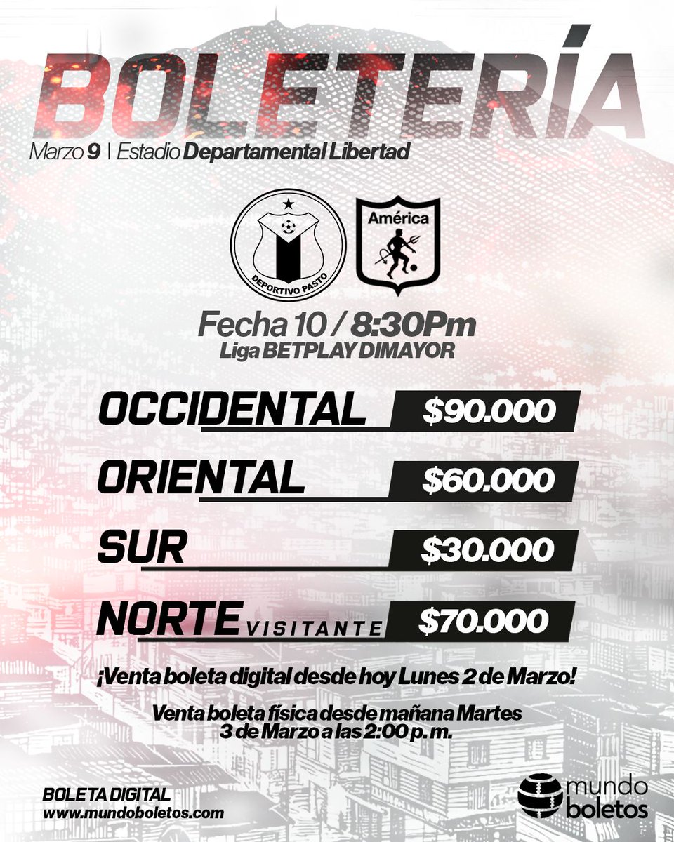 Listos los precios de la boletería para el partido del próximo lunes en el estadio Libertad entre <a href="/DeportivoPasto/">Deportivo Pasto</a> y <a href="/AmericadeCali/">América de Cali</a> por la décima fecha de la <a href="/LigaBetPlayD/">LigaBetPlayDimayor</a>