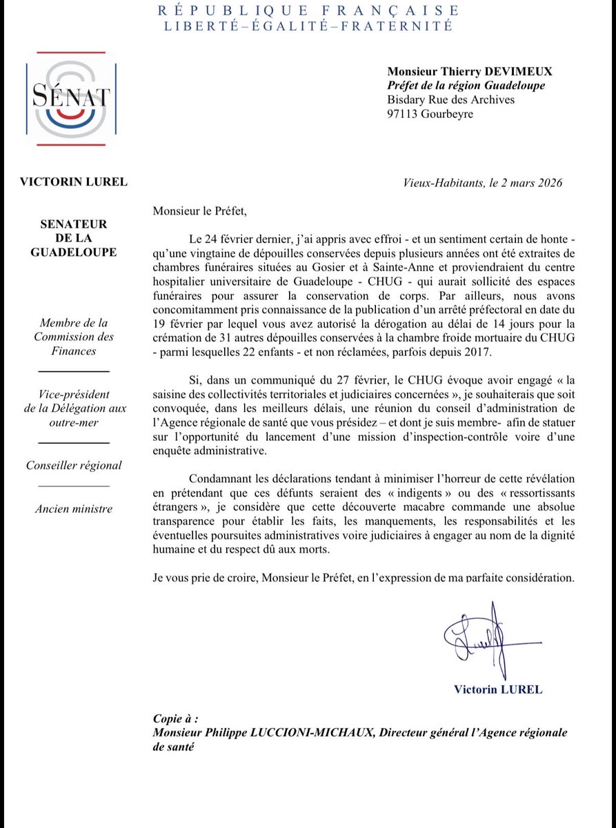VictorinLurel's tweet photo. Face aux macabres découvertes révélées ce we, j’ai écrit aux autorités (gouvernement, préfet et M. Losbar) pour demander une absolue
transparence à même d’établir les faits, les manquements, les responsabilités et les
éventuelles poursuites administratives voire judiciaires à engager au nom de la dignité
humaine et du respect dû aux morts. 

1️⃣ une enquête de l’IGAS 
2️⃣ la convocation en urgence par M. Losbar d’une réunion du conseil de surveillance du CHUG pour opérer les contrôles nécessaires 
3️⃣ la convocation du conseil d’administration de l’@ars_guadeloupe  pour lancer une enquête approfondie 

Cette affaire est littéralement révulsante. Les autorités doivent répondre et agir