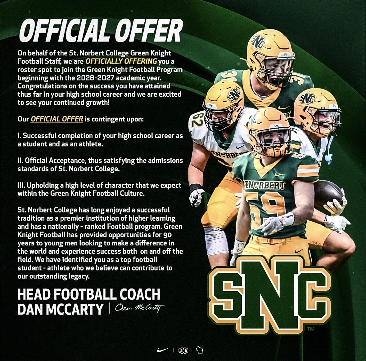 MatthewH0NG's tweet photo. After a great conversation with @RobHuberty I am blessed to receive an offer from St.Norbert College. Thank you for the opportunity! 

@BGHITMEN @SNCfootball https://t.co/9vItREIatv