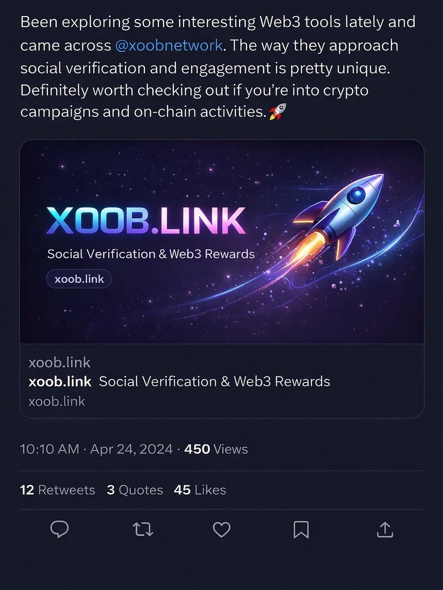 don_ozai's tweet photo. Been exploring some interesting Web3 tools lately and came across @XOOBNetwork. The way they approach social verification and engagement is pretty unique. Definitely worth checking out if you're into crypto campaigns and on-chain activities. https://t.co/rFSnPiA0dJ