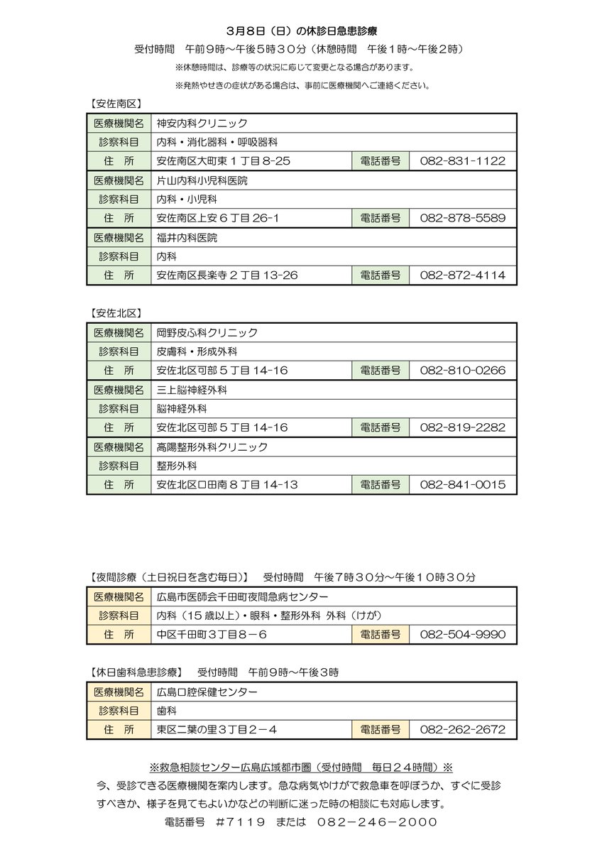 FMHAMSTAR's tweet photo. 3月8日(日)の安佐南区・安佐北区の休診日急患診療一覧 https://t.co/Yz75mbmXTh
