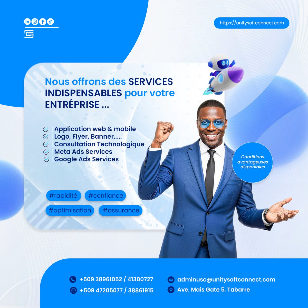 PlaisirRubly's tweet photo. 💡 Des services pensés pour améliorer votre visibilité, votre performance et votre image de marque.
https://t.co/zafDYTuVHr
adminusc@unitysoftconnect.com
+509 38961052 / 47205077
Discutons de votre projet dès aujourd’hui.
#Digital #Business #Innovation #Marketing #Entrepreneuriat https://t.co/Bmu2ug4xuk