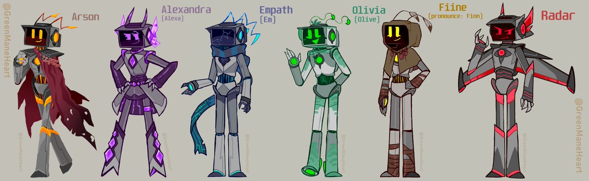 GreenManeHeart's tweet image. Here are the main group of EMPATHRONIC, all in one picture :]

Glad I finally got to put this out of the way. Now some other time, I can share more concepts for other characters

Feel free to read the bio + worldbuilding on Toyhouse: toyhou.se/GreenManeHeart…

#robotoc #screenhead