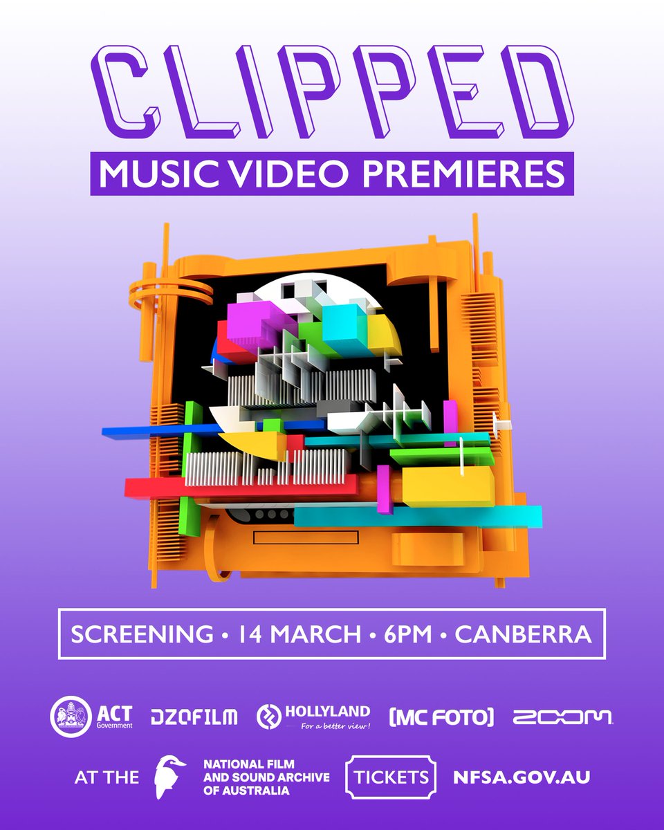 CLIPPEDTV's tweet photo. We're excited to announce @CLIPPEDTV  Music Video Premieres will return to @nfsaonline in Canberra on Saturday 14th March for an exclusive night of music videos &amp; films.

Tickets are available from NFSA / bio link.

This event is supported by the ACT Government @wearecbr https://t.co/HflfhZ71xG