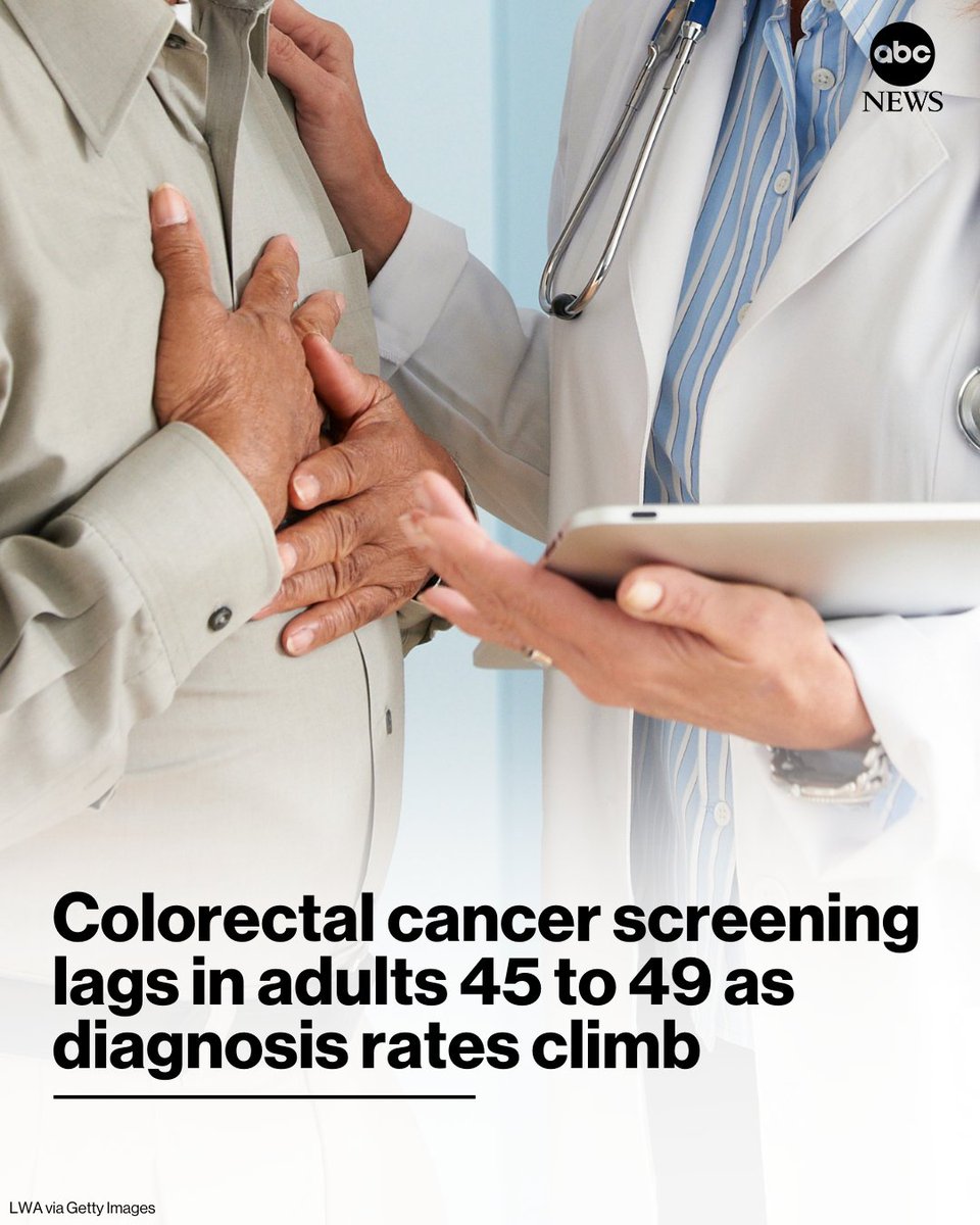 ABC's tweet photo. Colorectal cancer is rising in adults under 50, yet too few people in this age group get screened in time to catch it early. https://t.co/oMqn1n1BEA https://t.co/nWM6vWpphZ