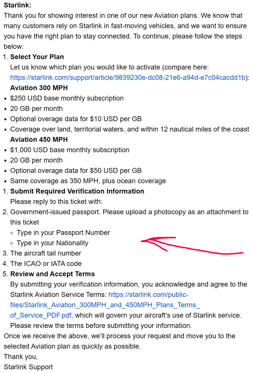 Look at these requirements for the <a href="/Starlink/">Starlink</a> Aviation plan! A passport scan?! For internet access?!?!

Wild.

I'm guessing someone's done something nefarious with <a href="/Starlink/">Starlink</a>, and they're being reactive in some way to the detriment of all of us.

I hope <a href="/elonmusk/">Elon Musk</a> resolves this.