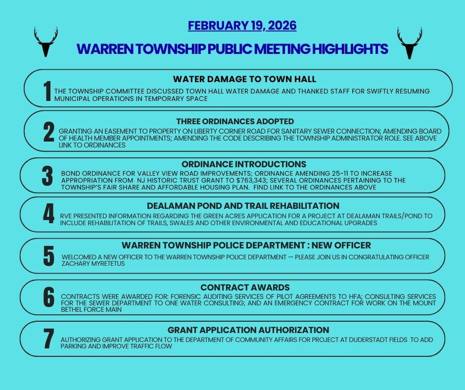On February 19, 2026, Warren Township held its Township Committee Meeting.

Check out the meeting highlights.

Link to the Agendas:
warrennj.org/AgendaCenter/T…

Link to Meeting Video:
videoplayer.telvue.com/player/GBRlyEO…