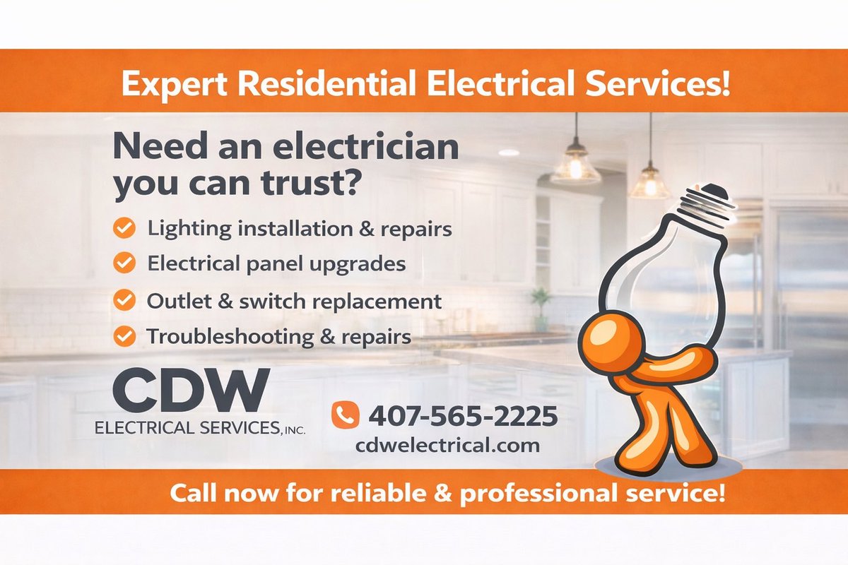 cdwelec's tweet photo. At CDW Electrical Services, we specialize in keeping your home safe, bright, and running smoothly. Whether you need new lighting, a panel upgrade, or quick repairs, our team has you covered.

Call today for fast, friendly service!
📞 407-565-2225
🌐 https://t.co/MGNoTctWGp https://t.co/5yTFn7LsRO