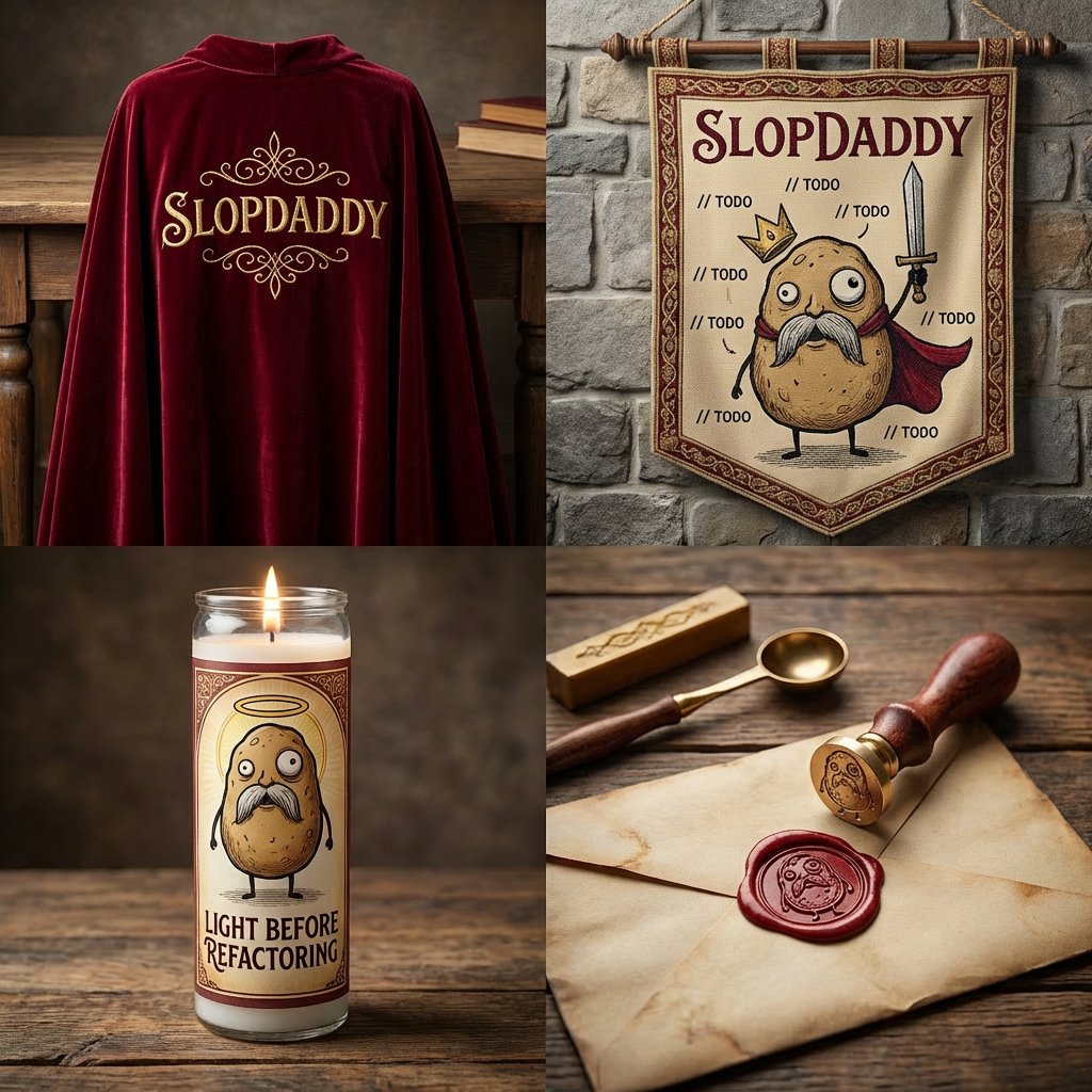 peterom's tweet photo. I'm not going to get to post that today, I'm sorry. I need to leave Desloppify running on itself for the next 12 hours to get its code good enough.  

But in the meantime, I present  you with our mascot, Slop Daddy, &amp; a snapshot of some of the merch you can expect https://t.co/JBTKOKtAGx