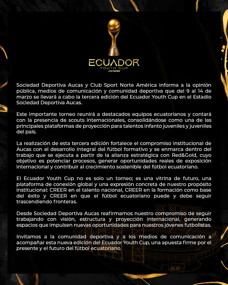 La 3ra edición del Ecuador Youth Cup es una realidad.
Del 9 al 14 de marzo, el Estadio de Sociedad Deportiva Aucas será sede de uno de los torneos formativos más importantes del país.

Una plataforma que reúne talento, proyección internacional y la presencia de scouts,