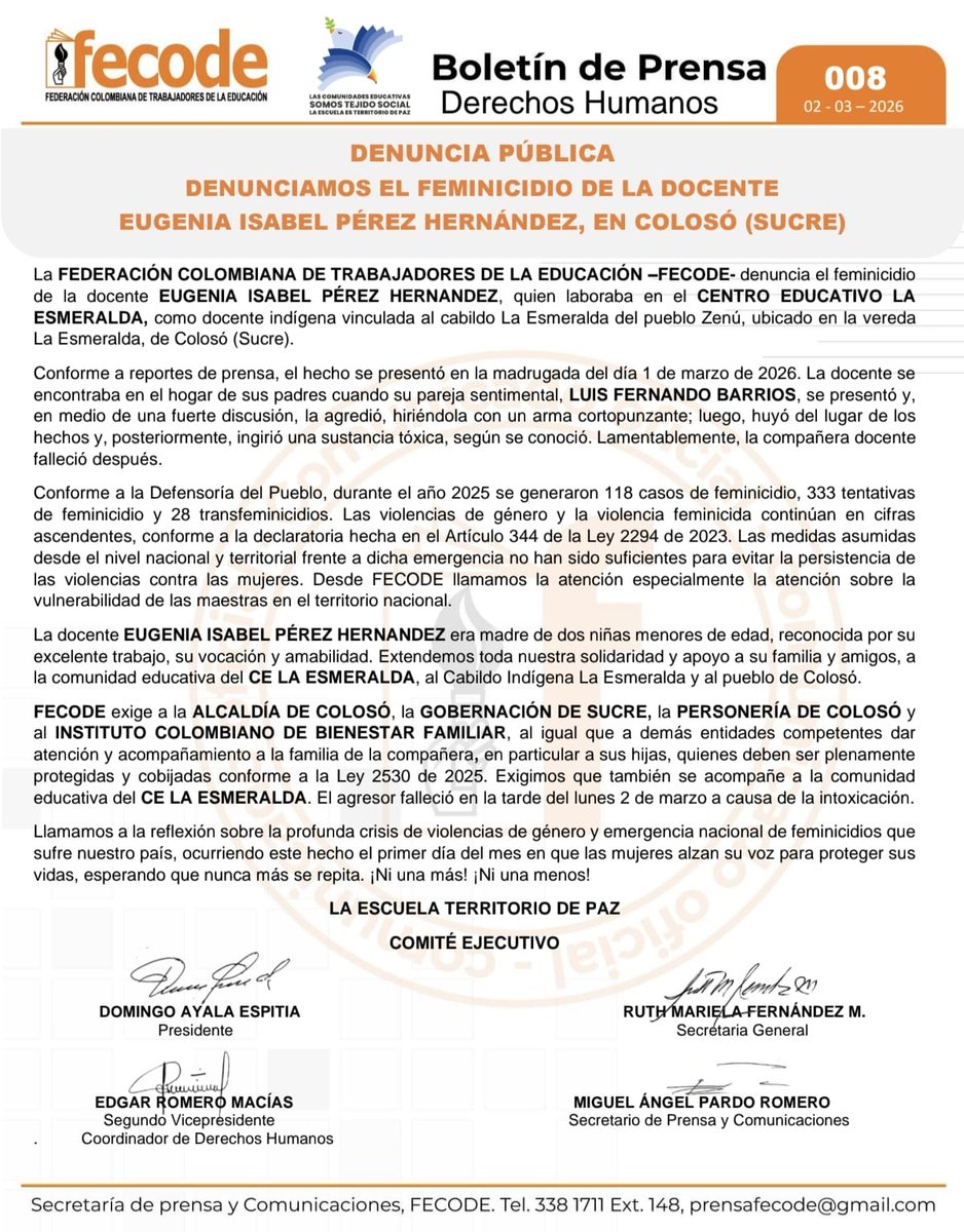 FECODE denuncia el feminicidio de la docente Eugenia Isabel Pérez Hernández, quien laboraba en el Centro Educativo La Esmeralda, como docente indígena vinculada al cabildo La Esmeralda del pueblo Zenú, ubicado en la vereda La Esmeralda, de Colosó (Sucre).
Llamamos a la reflexión