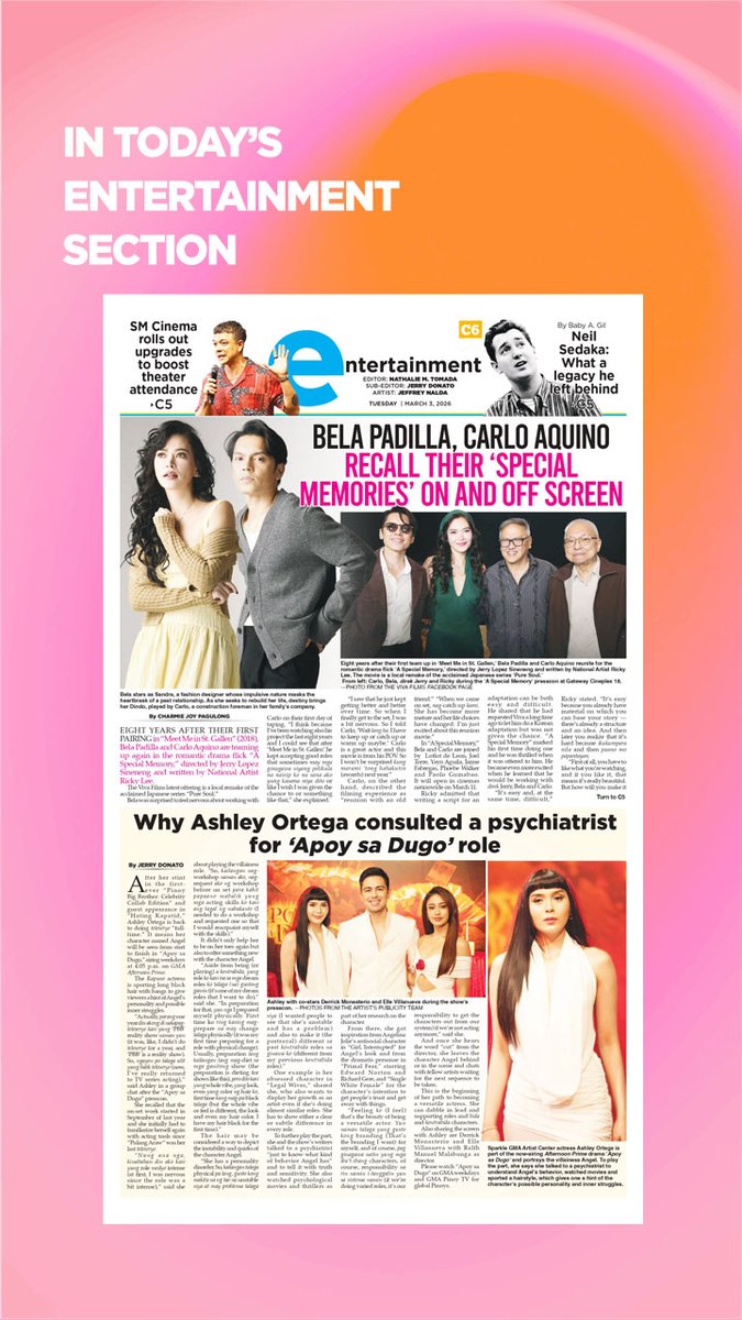 PhilippineStar's tweet photo. ENTERTAINMENT HEADLINES (Tuesday, March 3, 2026)
Subscribe to the paper: https://t.co/CroExEonHH

Bela Padilla, Carlo Aquino recall their ‘Special Memories’ on and off screen
https://t.co/GxZgU6UGaU

Why Ashley Ortega consulted a psychiatrist for ‘Apoy sa Dugo’ role
https://t.co/wrYffOJBjR

Neil Sedaka: What a legacy he left behind
https://t.co/dCRE1e5YZj