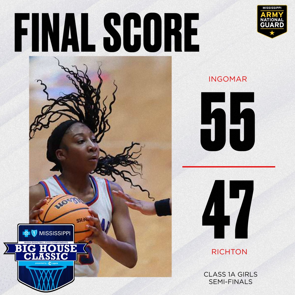 Congratulations to Ingomar on advancing to the 2026 <a href="/BCBSMississippi/">BCBSMS</a> Big House Classic MHSAA Basketball State Championship game presented by <a href="/CSpire/">C Spire</a> for game two of 1A Girls semi-finals!

<a href="/msarmyguard/">Mississippi Army National Guard</a>