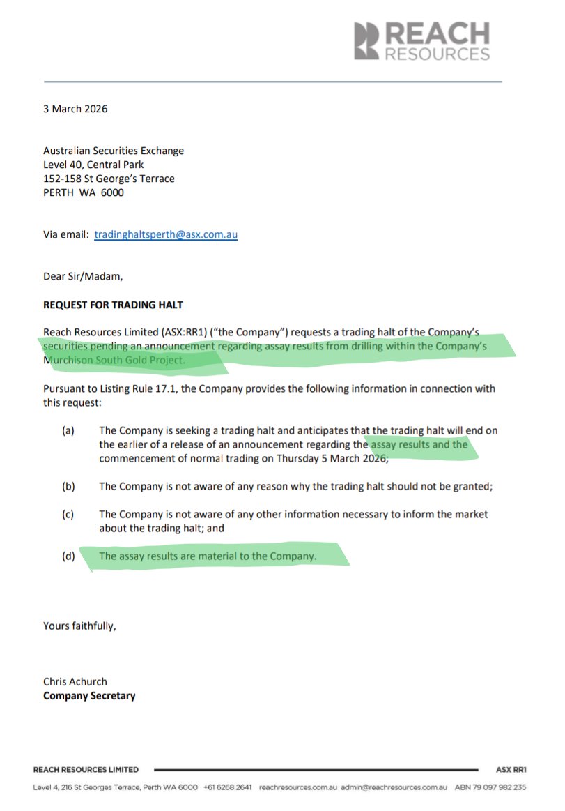prolifix69's tweet photo. @ReachResources_ $RR1 $RR1OA Trading Halt - Assays material to the company. Either REALLY good results... Or REALLY bad. My bet is on good... Given the tactical accumulation lately. Bring on Thursday ❤️💥🤙👍💸💰💵💲 https://t.co/liX56ULWHM
