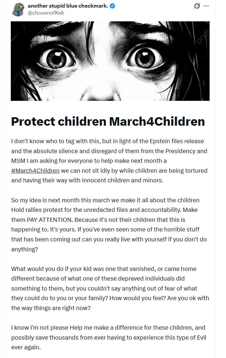 Hello internet people. If could bother you for a minute of your time I would like you to post in support of #March4Children And Make Arresting Pedophiles Great Again.
So please If you see this RP and share the Hashtag.