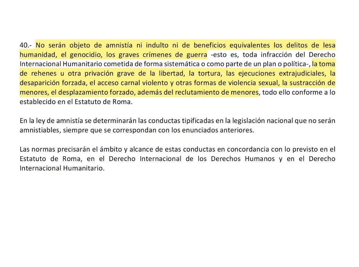 DianaSaray's tweet photo. ATENTOS: El reconocimiento de violencia sexual y reclutamiento forzado contra menores no pone en riesgo los beneficios de los que hoy gozan los exmiembros del secretariado de las Farc? Esto dice el acuerdo de paz! El mismo establece que el reclutamiento de menores  y la violencia sexual NO pueden ser objeto de amnistía , indulto o beneficios equivalentes, pues así lo establece el Estatuto de Roma! No están dadas ya las condiciones para acudir a la CPI? @FevcolFed.