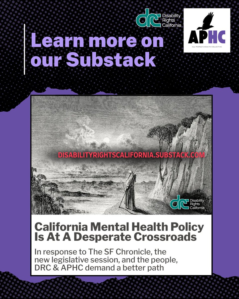 DisabilityCA's tweet photo. DRC and our colleagues at APHC recognize the lack of real solutions the California Governor and Legislature are offering in response to homelessness and the growing need for mental health resources. Both sides of the party aisle are sinking low income populations, the unhoused, and people with disabilities into deeper poverty by prioritizing institutionalization, incarceration, and funding cuts to essential life-saving services. This terrible death spiral of poor mental health policy has been difficult to navigate and we find as the new legislative session begins, lawmakers need to seriously change course toward better, more effective, cheaper, and less cruel alternative policies.
 
People with lived-experience, community organizers, and folks on the ground know what works. Learn about one solution: peer services and support. Rather than forcing people into locked facilities, we at APHC find voluntary, community-based, peer-led responses to be much more effective in engaging individuals who need assistance.
 
Learn more about our solutions at the link: https://t.co/5xoQXaIL5f 
 
#DisabilityRightsCA #APHC #AllPeopleHealthCollective #Newsom #California #Community #Voluntary #Solution #MentalHealth