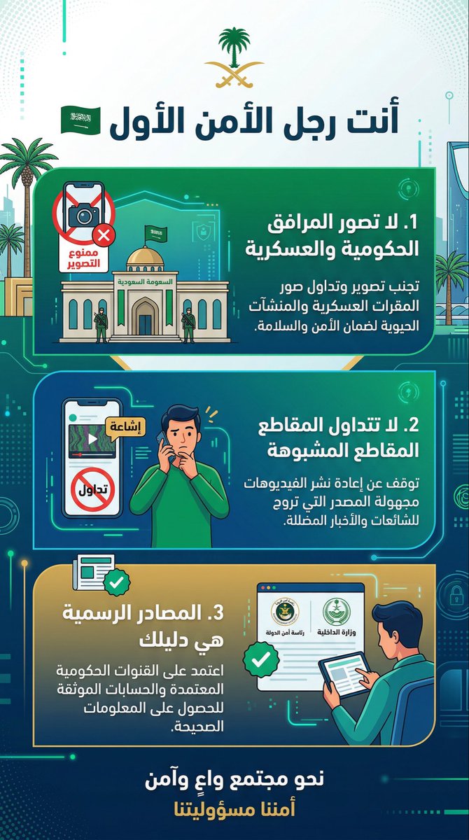 فيه نقاط لابد التذكير فيها ؛

❌ لا تصور المرافق الحكوميه والعسكريه والحيويه 
❌ لا تتداول الاشاعات والمقاطع المشبوهه 
❌ لا تاخذ المصادر من الحسابات المعاديه والمزيفه 
❌ لا تغرد في حال سمعت اصوات تصدي وما شابهة 

كن واعي .. فأنت رجل الامن الاول 🇸🇦

 #التصوير_يخدم_العدو