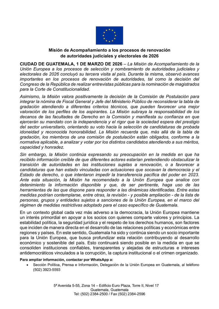 La Unión Europea anuncia que podría imponer nuevas sanciones contra personas que intentan interferir o manipular los procesos de elección de Guatemala.