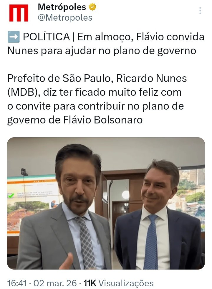 Flávio não é nada bobo.
Além de aliado,Nunes é uma das principais lideranças do MDB em São Paulo.Apesar de fazer parte da base do lula,o MDB está dividido sobre apoiar o atual presidente nas eleições esse ano...