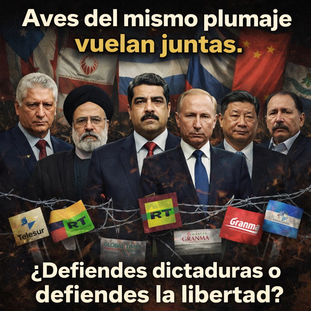 Aves del mismo plumaje vuelan juntas.

Si eres de los que aplaude dictaduras cubanas, iraníes, venezolanas, nicaragüenses, norcoreanas, rusas o chinas, tienes que preguntarte algo:

¿Por qué estos regímenes se tapan entre sí?
¿Por qué cuando uno reprime al pueblo el otro guarda