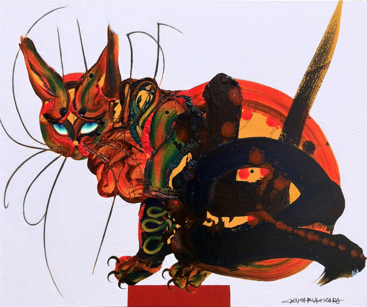 RED PEDESTAL CAT 2026 oil on canvas 380×455㎜/F8 Chiharu KIHARA