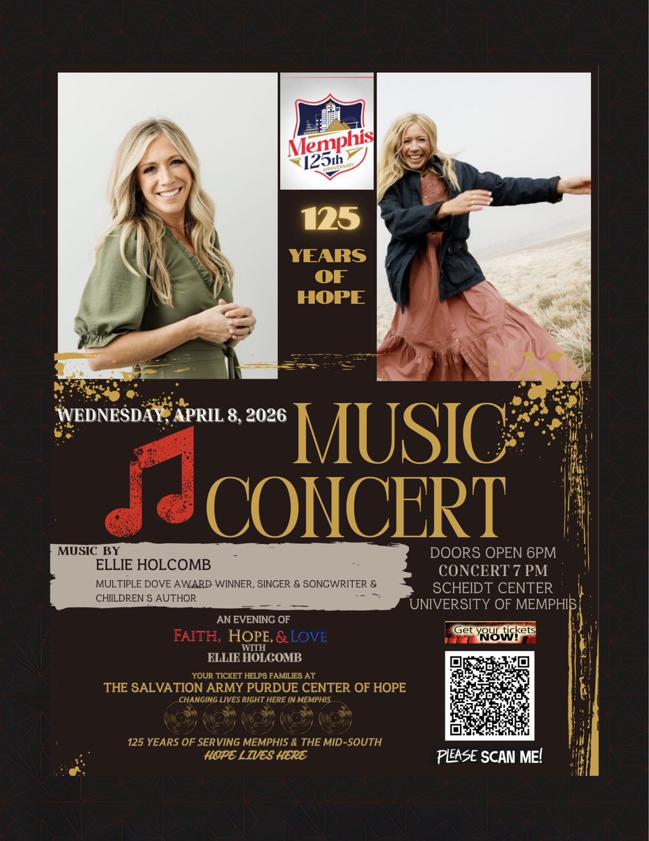SalArmyMemphis's tweet photo. 📍Join us for an unforgettable night of music, storytelling, and hope featuring Award Winning singer/songwriter: Ellie Holcomb
🎵 Her heartfelt songs and uplifting stories will inspire &amp; encourage, while helping to change lives right here in our community!
https://t.co/82uOpwkErr https://t.co/PEiYSIaGn3