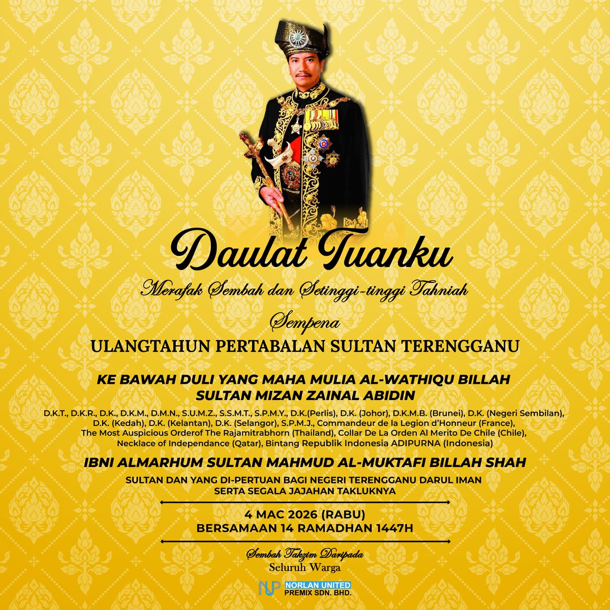 NorlanPremix's tweet photo. Dirgahayu KDYMM Sultan Terengganu Darul Iman.
Semoga negeri terus sejahtera.

Daulat Tuanku! https://t.co/ddTJg0S7sl