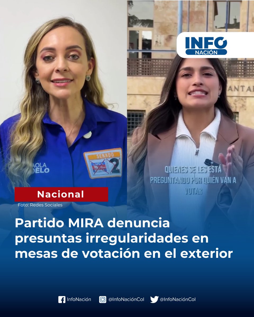 infonacioncol's tweet photo. #InfoNación El Partido MIRA (@PartidoMIRA) denunció presuntas irregularidades en mesas de votación en el exterior, como fallas de privacidad e inconsistencias en kits electorales. Pidió correctivos a Cancillería, Registraduría y demás entes de control. https://t.co/iDFF37I6jn