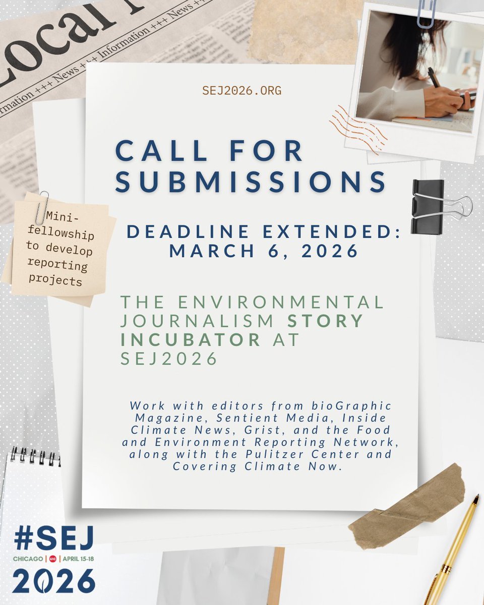 sejorg's tweet photo. Big climate stories take collaboration.

Two major projects were named among 2025’s top journalistic collaborations. At #SEJ2026 (April 15–18, Chicago), we’re building more of that teamwork through workshops and meetups. 

Apply for the Story Incubator: https://t.co/QoyQMtx5v2 https://t.co/e7pJAX31jJ