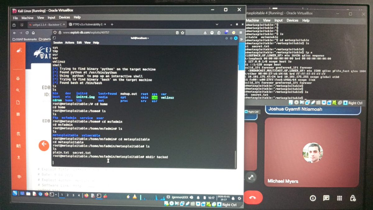 bibioo_nii69939's tweet photo. I walked a brother through exploiting Metasploitable 2's vsftpd 😈 using 3 methods:
1. Metasploit module exploit
2. Public exploit code from Exploit-DB
3. Manual backdoor trigger
Learning penetration testing basics with vulnerable machines 💻👾#Metasploitable2 https://t.co/nNRFTG8jkG