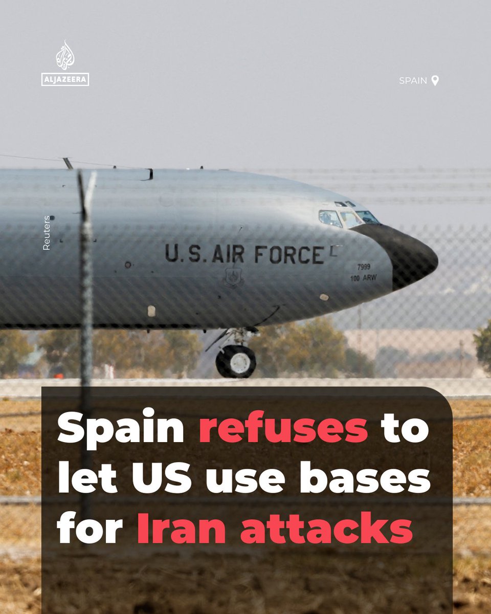 AJEnglish's tweet photo. Spain says the US is not — and will not be — using jointly operated military bases on Spanish territory for operations against Iran https://t.co/r7oQ2nC01a https://t.co/AwdC6qqEo5