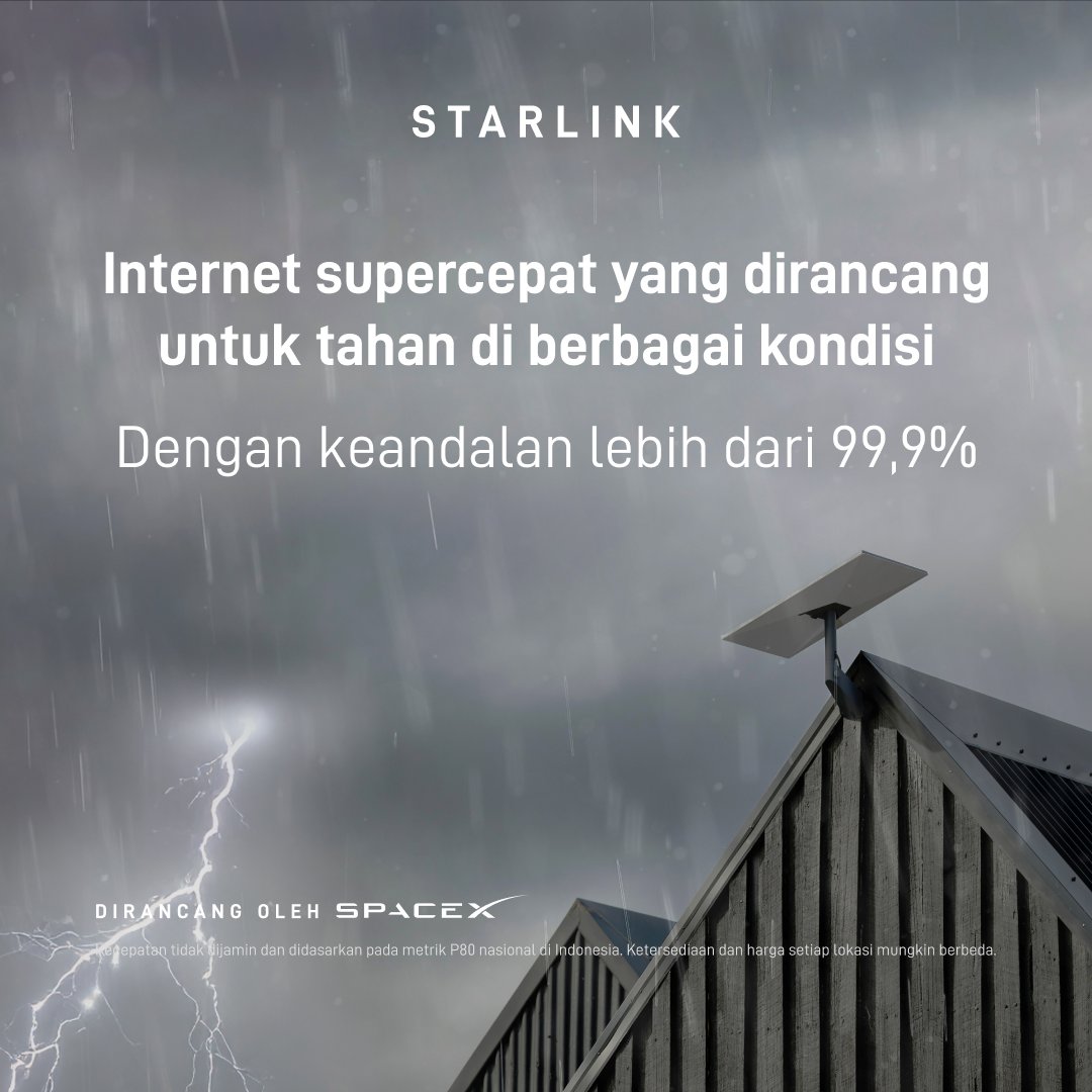 Starlink's tweet photo. Dirancang untuk tahan cuaca ekstrem - Kit Starlink tahan hujan lebat, angin kencang, serta hujan es.