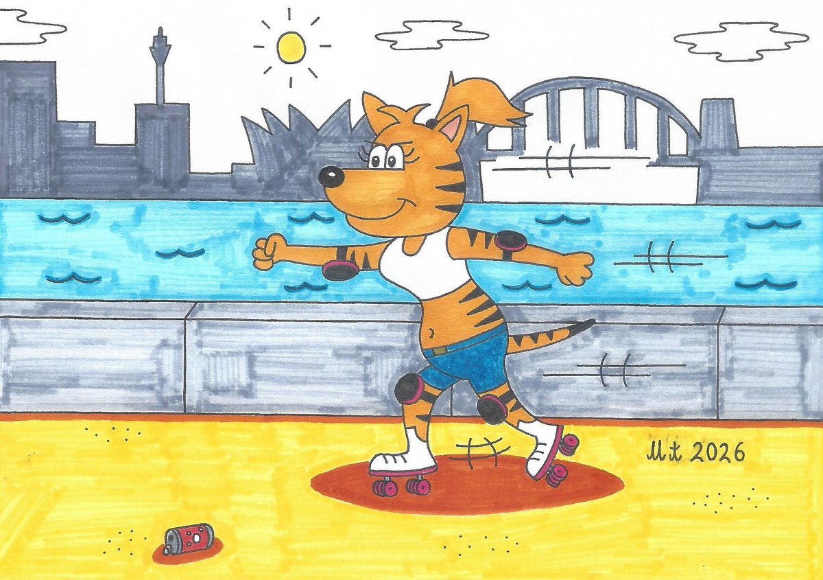 Matthew07463002's tweet image. Calla the Tasmanian Tiger enjoys roller skating in the city of Sydney.
#Calla #TasmanianTiger #Sydney #rollerskating #illustration #Thylacine