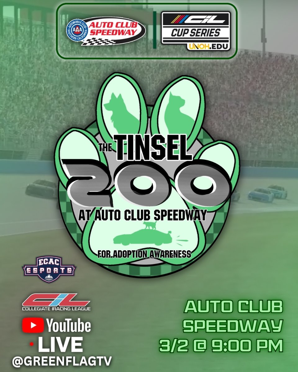 CollegeiRacing's tweet photo. 🚨RACE SPONSOR ANNOUNCEMENT🚨

Tonight, the UNOH College Cup Series heads to the Golden state of California in The Tinsel 200 for Adoption Awareness! As the sun sets over Fontana, California, we'll take on Auto Club Speedway for tonight's running of the UNOH College Cup Series Round 6!

Courtesy of Cade Corbin parent's cat Tinsel, we'll race tonight for the cats, dogs, and other animals in shelters around the nation. If you or someone you know is interested in opening your home to a new friend, head on over to https://t.co/Ig8m51p58V to find a shelter near you!

We can't wait to have our drivers rip it on the abandoned multi-groove lane track of The Tinsel 200 for Adoption Awareness!

Tune in live tonight on @GreenFlagTVLive YouTube channel at 9:00 PM EST!!

Powered by @UNOH_edu and @AdoptaPetcom! | In Partnership with @ECAC_Esports!

#iracing #collegeiracing #cilcup #cilcupseason14 #collegeracing #cilseason #cilunohcupseries #cilcupround6 #nascarcupcollege #nascarcupseriescollege #nascarcollegecup #iracingcupseries #cilnextgencupseries #nascarcupcollege #unohcollegecupseries