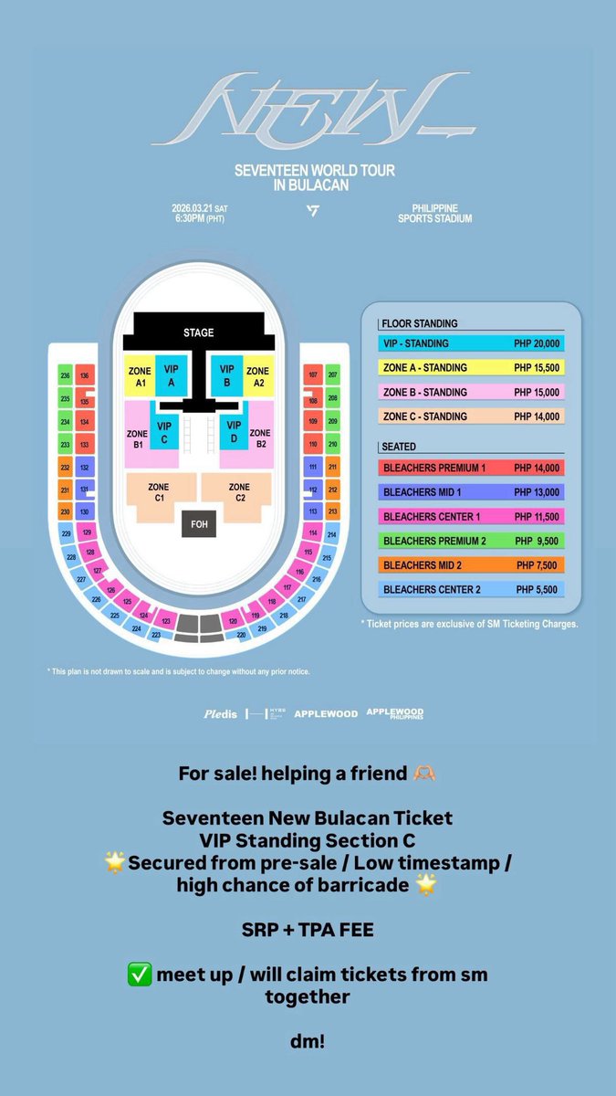 KMERCH_HAVEN's tweet photo. WTS LFB 

For sale! helping a friend 🫶🏼 

Seventeen New Bulacan Ticket
VIP Standing Section C 
🌟Secured from pre-sale / Low timestamp / high chance of barricade 🌟

SRP + TPA FEE 

✅ meet up / will claim tickets from sm together 

dm! https://t.co/ji7SVHTCmE