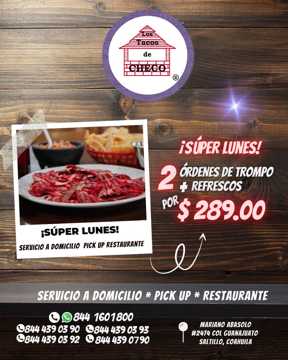 ¡Hoy #FelizLunes! 🤩 Desde las 6:00 p.m. aprovecha la promoción de #SúperLunes con 2 órdenes de trompo + 2 refrescos.

📲 8441601800 
🚘 Servicio a domicilio, Pickup y Restaurante. #Saltillo

¡Llámanos y nosotros vamos por tu antojo! 🌮🔥 😋