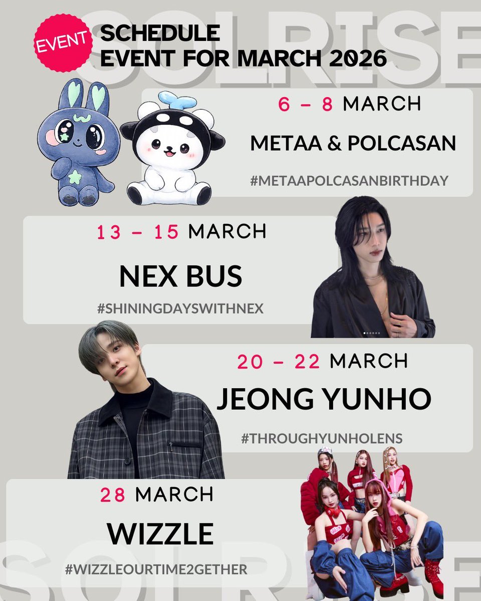 Event ประจำเดือน มีนาคม 2026 🫶🏻✨

มีนาเเล้ว มามีช่วงเวลาดี ๆ ไปกับ Cafe Event⭐️ ของศิลปินคนโปรด✨

6-8 MARCH 👉🏻 METAA &amp; POLCASAN
13-15 MARCH 👉🏻 NEX BUS
20-22 MARCH 👉🏻 YUNHO ATEEZ
28 MARCH 👉🏻 WIZZLE

#solrisecafe #คาเฟ่วันเกิดศิลปิน #คาเฟ่เปิดใหม่ #คาเฟ่ในกรุงเทพ