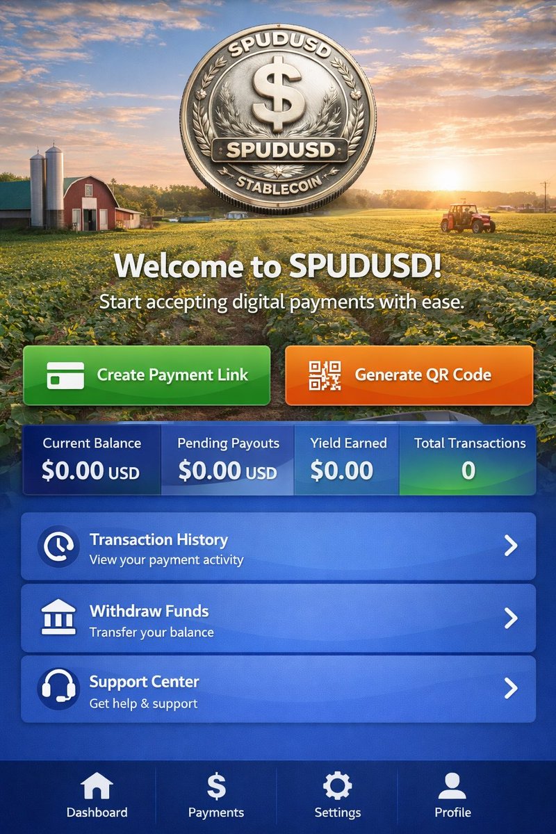 CodyHolmSP's tweet photo. 🚨 SPUDUSD SNEAK PEEK 🚨

Phase 1 of the SPUDUSD Stablecoin Build is officially underway. 🥔💵

This is where the real foundation gets poured.
We’re building it the right way — secure onboarding, compliance flow, bank linking, money movement controls, yield tracking — every piece tested and refined before major companies flip the switch.

We are NOT rushing this.
We are making sure it works perfectly before large agriculture companies start implementing SPUDUSD into their payment systems.

🌱 Phase 1 – Infrastructure & Compliance
🌱 Phase 2 – Enterprise Integration
🌱 Phase 3 – Public Access

And when Phase 3 opens… the public gets in.

This isn’t just another token.
This is a payment rail built for agriculture.

Faster settlements.
Programmable money.
Stable digital dollars.
Yield opportunities.
Transparent movement of funds.

The agriculture payment industry has operated the same way for decades.
That changes now.

SPUDUSD is being built to power the future of ag finance — from processor to producer to supplier.

We’re moving.
We’re building.
And this will change agricultural payments forever.

#SPUDUSD #AgTech #Stablecoin #AgFinance #FutureOfPayments #BuiltForAg