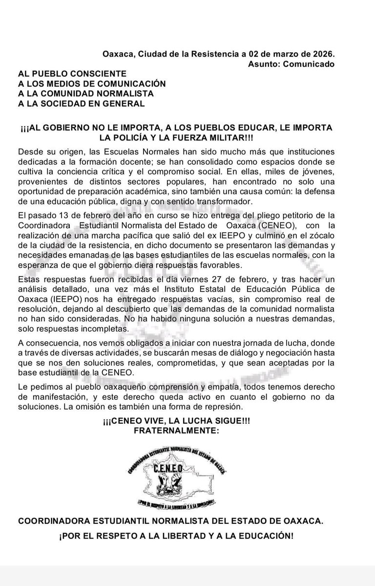 ¡Otra del <a href="/IEEPOGobOax/">IEEPO</a>!

La Coordinadora Estudiantil Normalista del Estado de Oaxaca acusa que, al vencerse el plazo que dio, no hay ninguna respuesta a su pliego petitorio. 

“…nos ha entregado respuestas vacías, sin compromiso real de resolución, dejando al descubierto que las